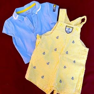 Little Me yellow seersucker overalls